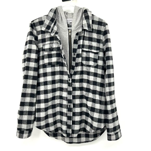 Ci Sono Jackets & Blazers - Ci Sono Black Gray Flannel Hooded Zip & Button Top Size Large